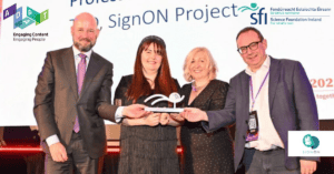 Lorraine Leeson (SignON TCD), Lianne Quigley (SignON TCD) and Dave Lewis (Interim Director of the ADAPT Centre) accepted the award on behalf of the SignON Team.